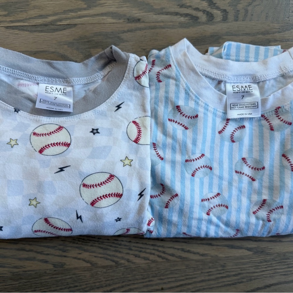 ESME 2 pairs Kids Baseball Short sleeve shorts Pajamas Set -  Blue Grey Red